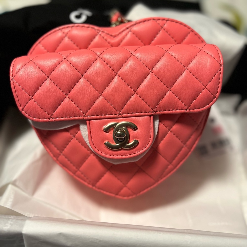 CHANEL Pink Quilted Heart Crossbody Bag